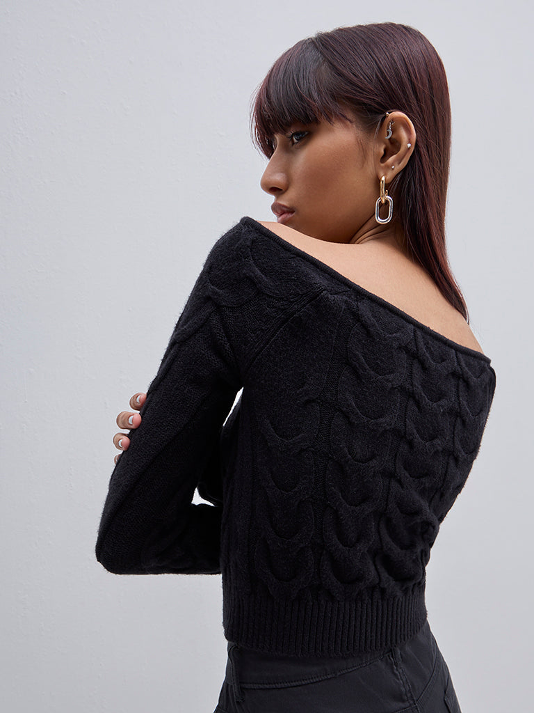 Nuon Black Textured Off-Shoulder Sweater