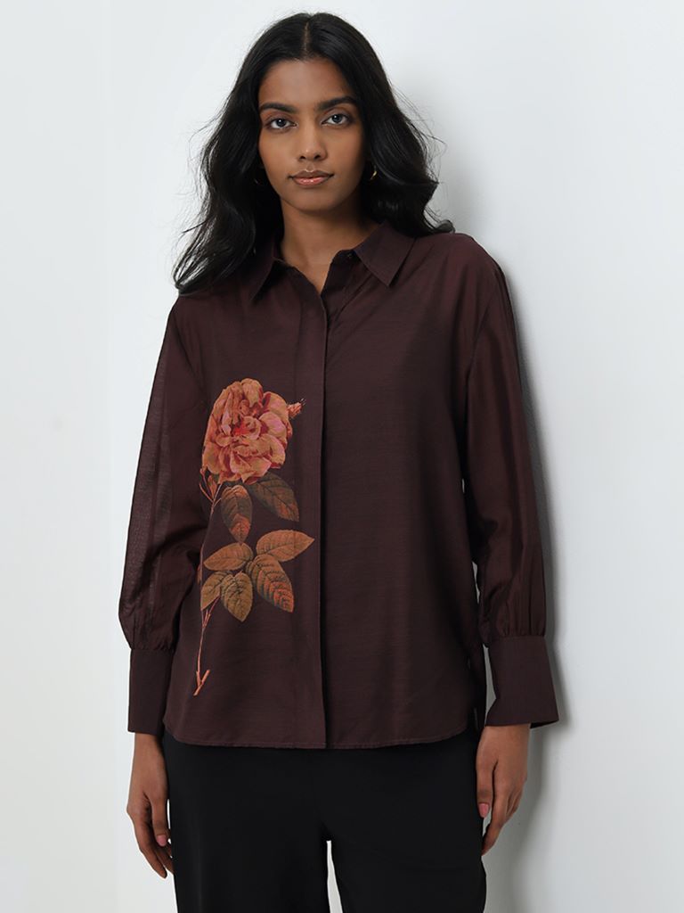 Wardrobe Brown Floral Printed Shirt with Camisole