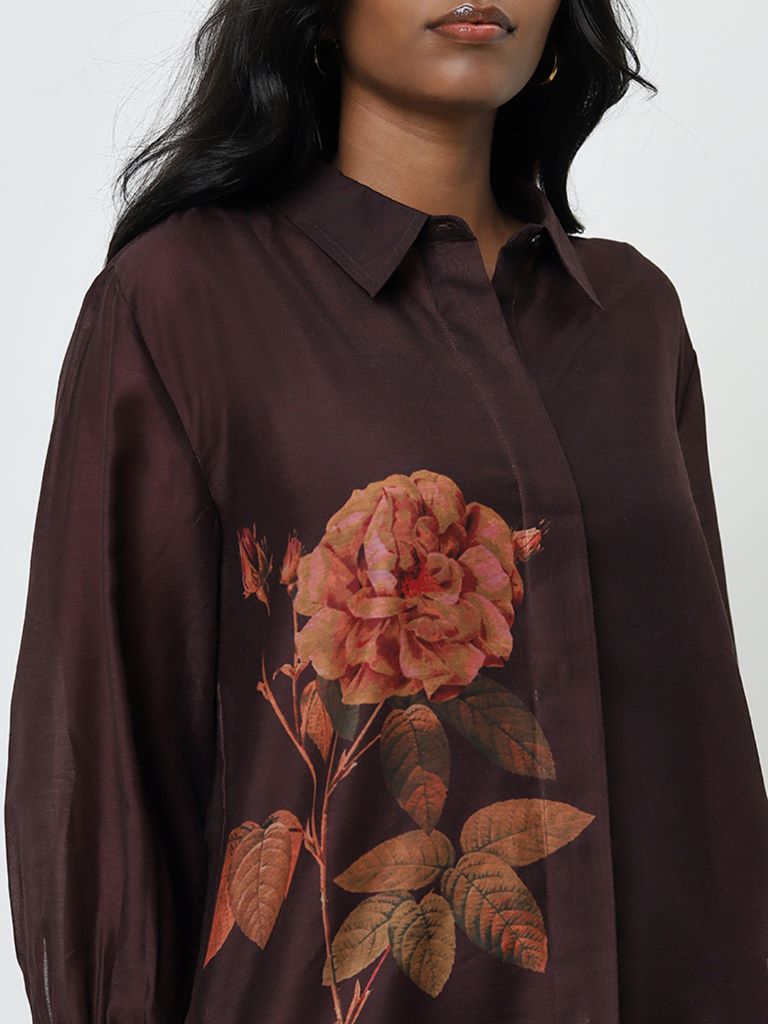 Wardrobe Brown Floral Printed Shirt with Camisole