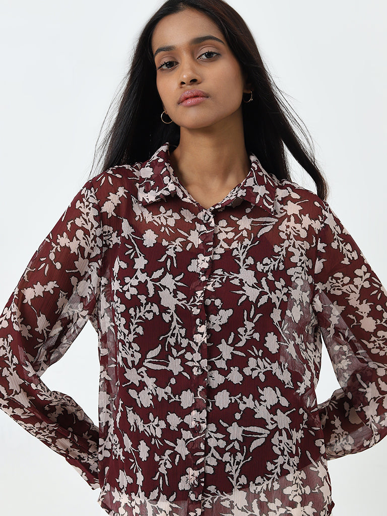 Wardrobe Burgundy Floral Design Shirt with Camisole