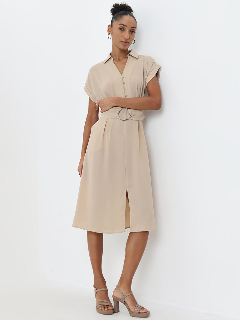 Wardrobe Solid Beige A-Line Dress with Belt