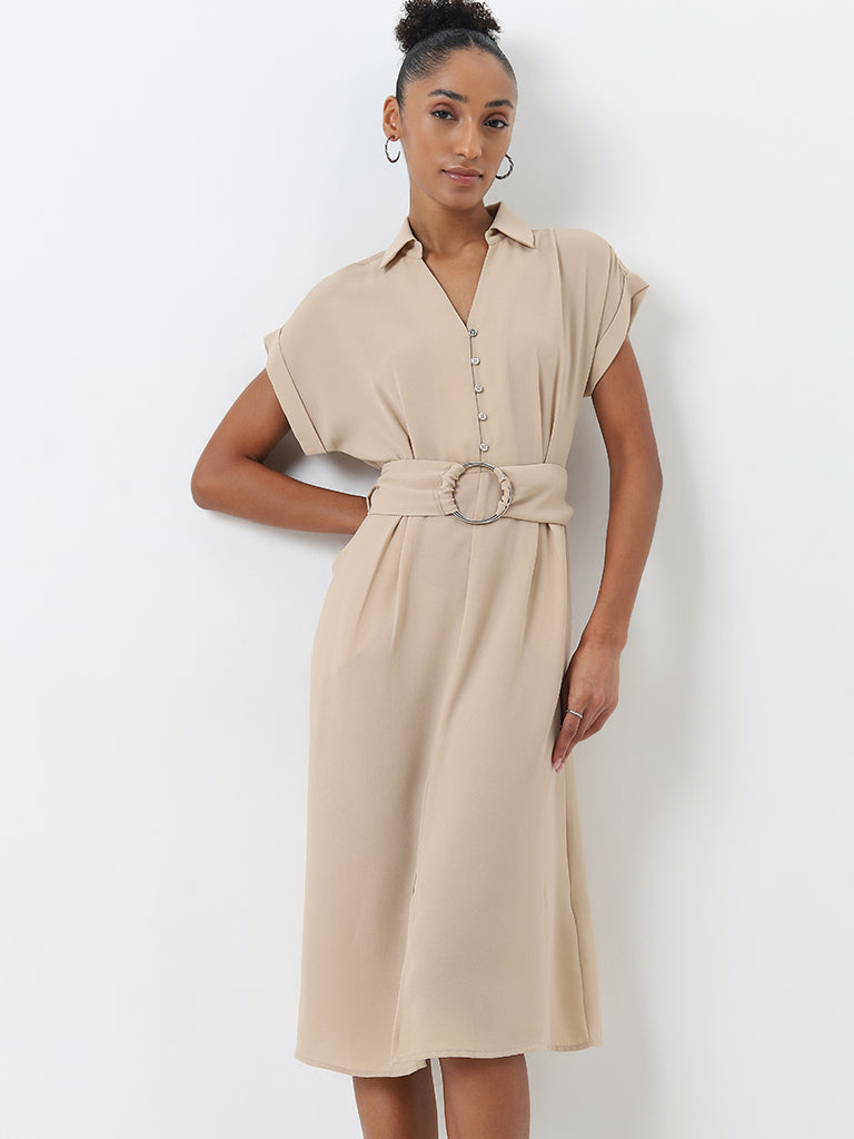 Wardrobe Solid Beige A-Line Dress with Belt