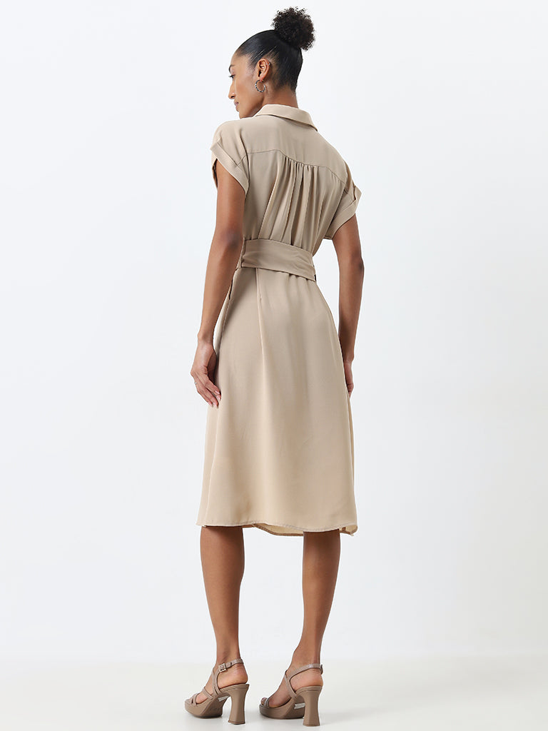 Wardrobe Solid Beige A-Line Dress with Belt