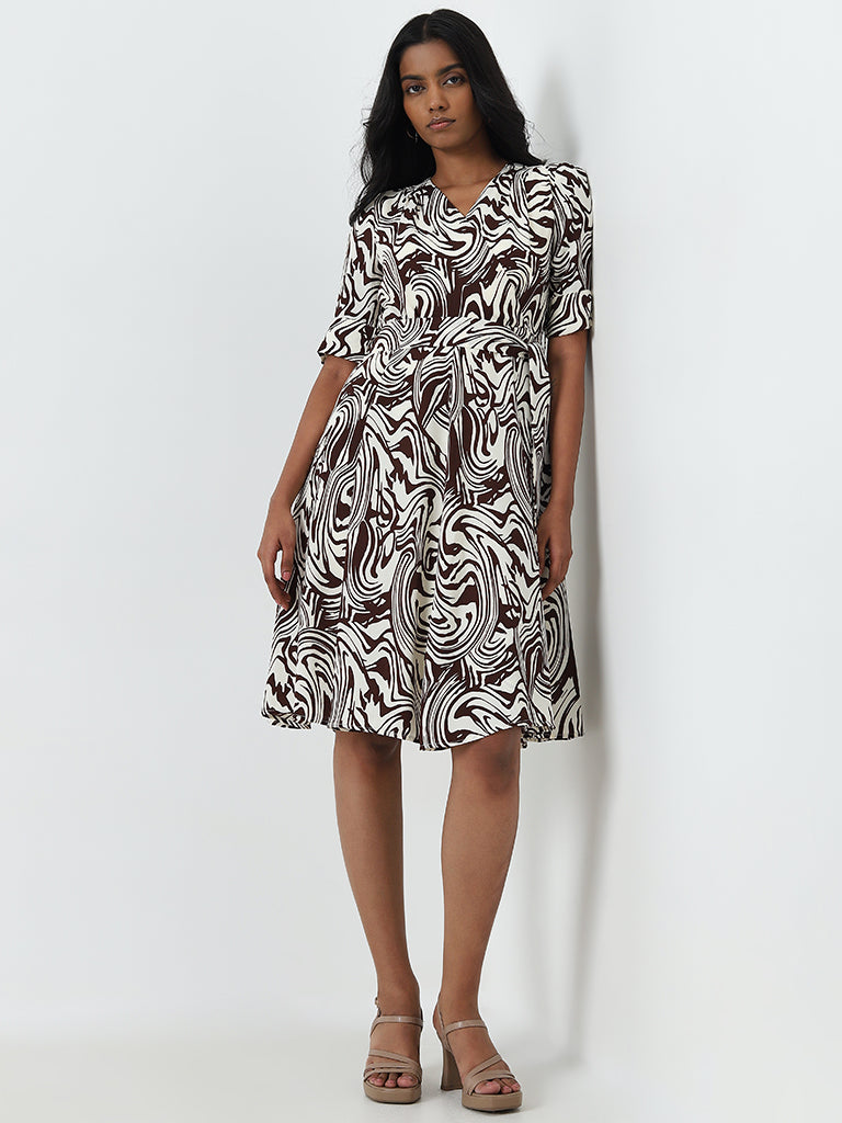 Wardrobe Brown Marble Print A-Line Dress with Belt