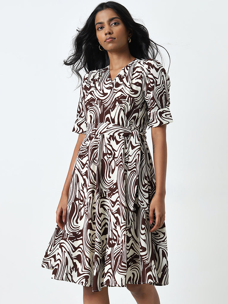 Wardrobe Brown Marble Print A-Line Dress with Belt