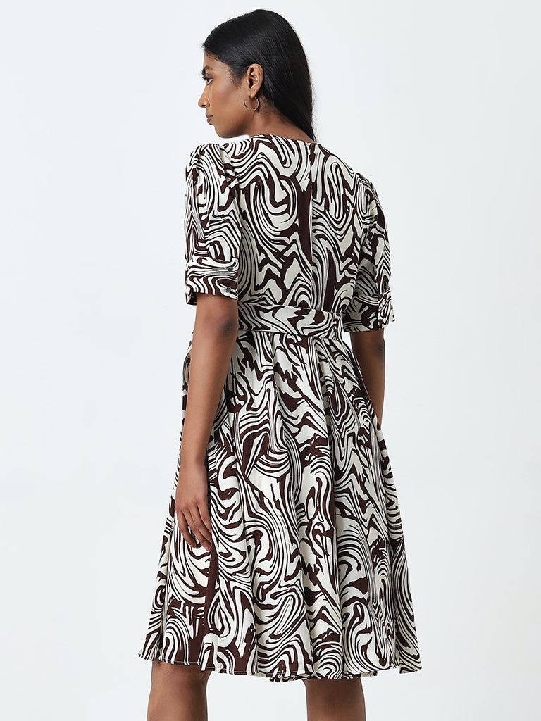 Wardrobe Brown Marble Print A-Line Dress with Belt