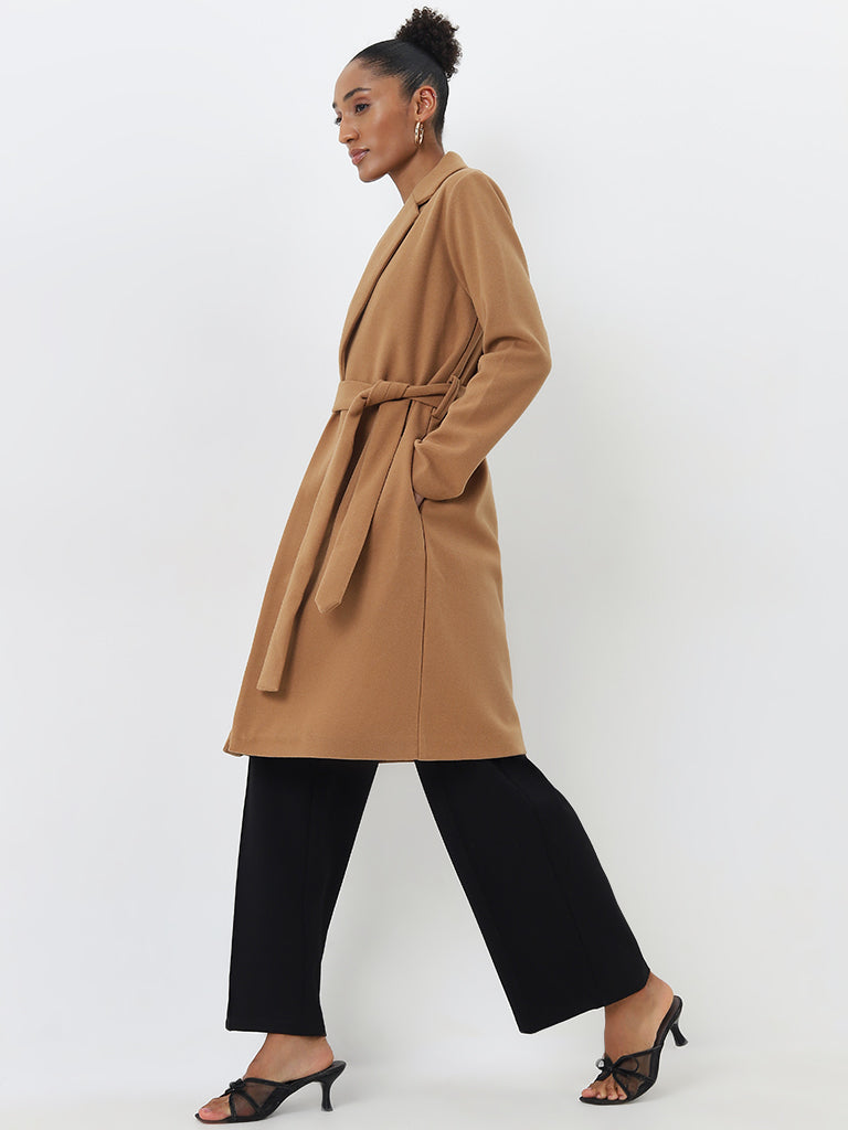 Buy Wardrobe Tan Solid Long Coat with Belt from Westside