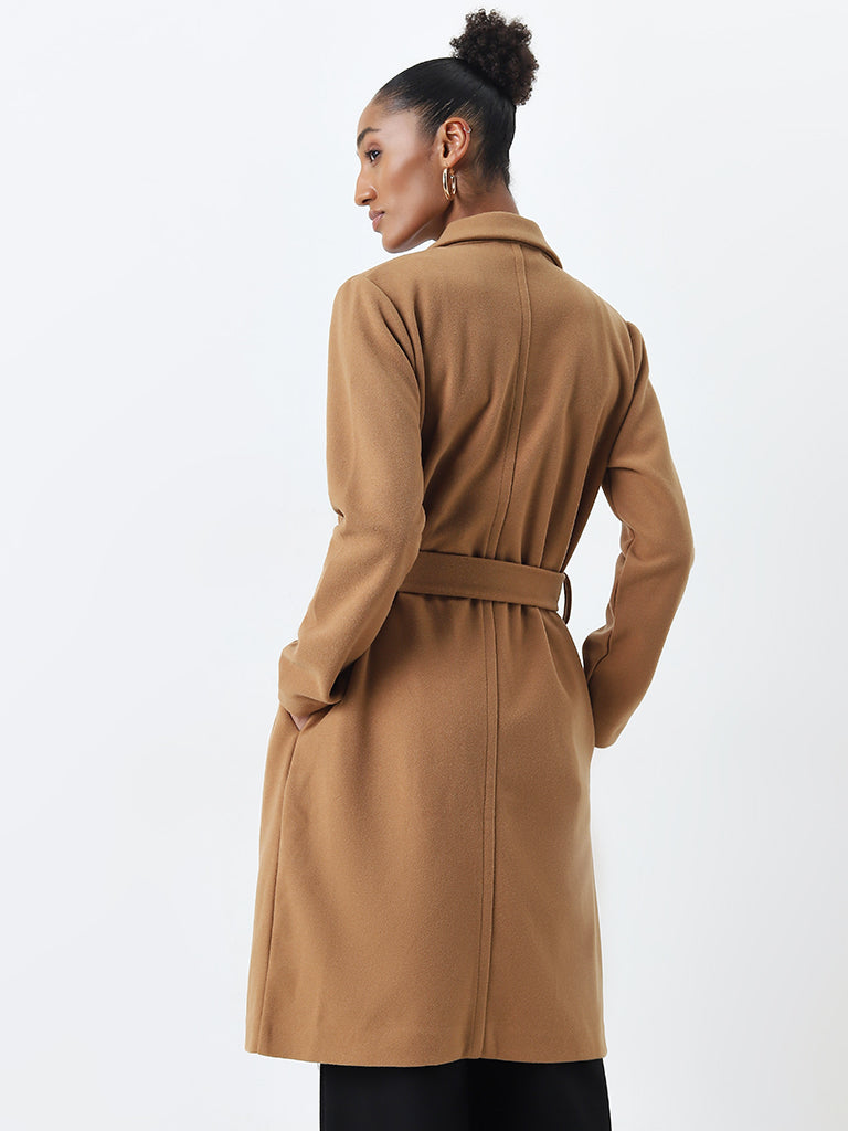 Buy Wardrobe Tan Solid Long Coat with Belt from Westside