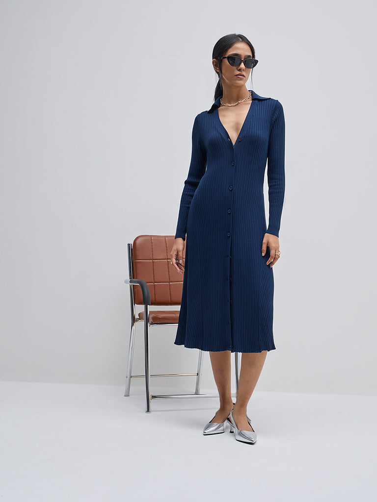 Wardrobe Indigo Ribbed-Textured Straight Dress