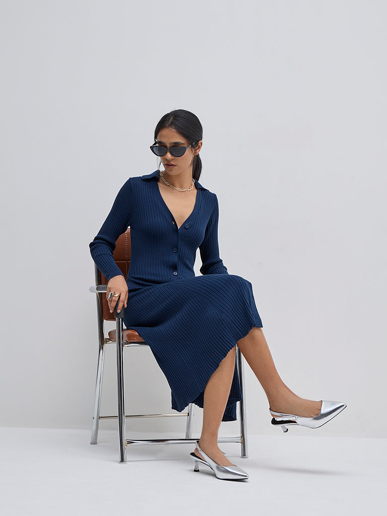 Wardrobe Indigo Ribbed-Textured Straight Dress