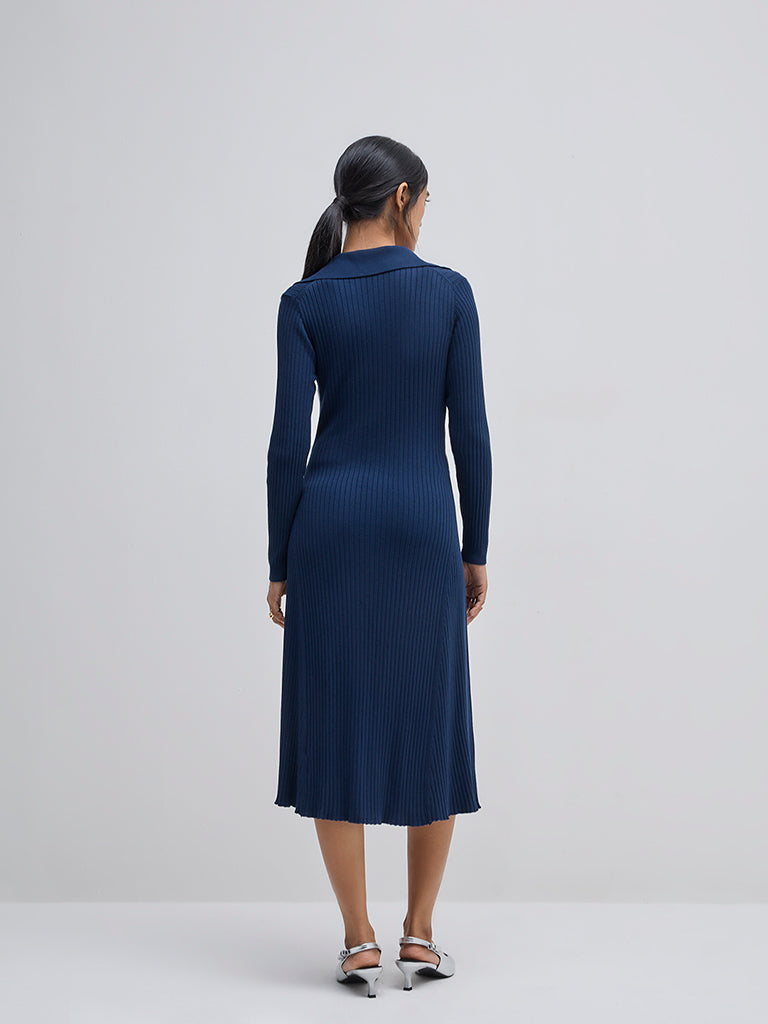 Wardrobe Indigo Ribbed-Textured Straight Dress