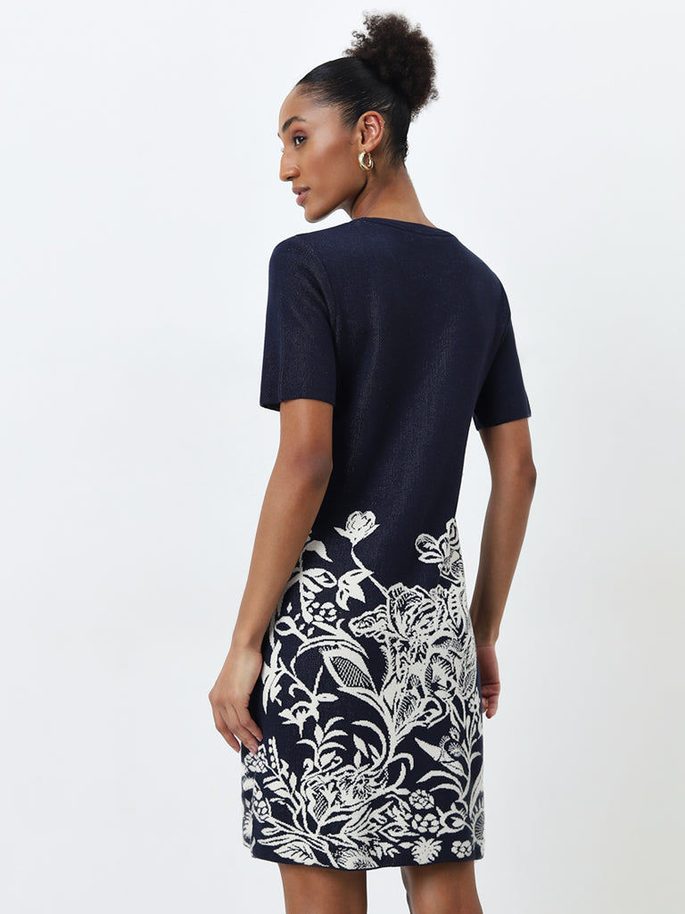 Wardrobe Indigo Floral Printed Straight Dress