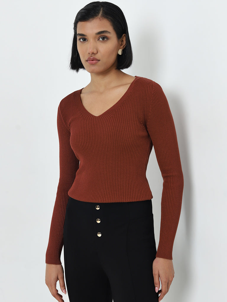 Wardrobe Brown Ribbed-Textured Top