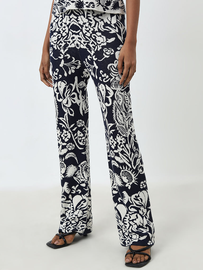 Wardrobe Indigo Floral Design High-Rise Trousers