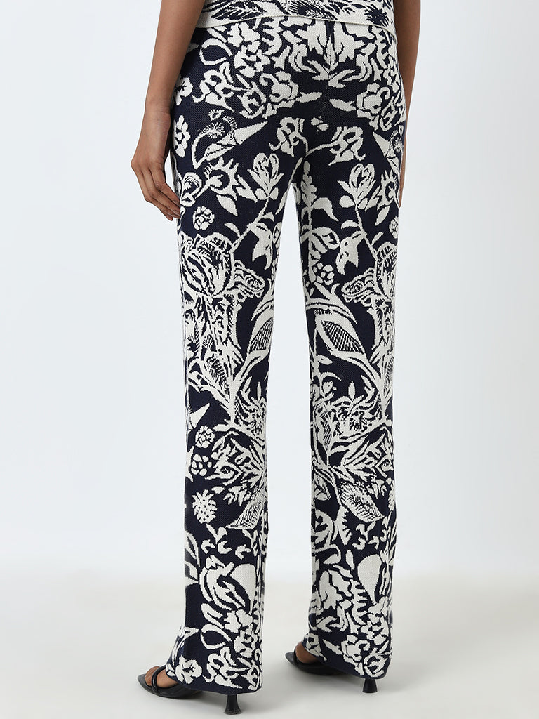 Wardrobe Indigo Floral Design High-Rise Trousers