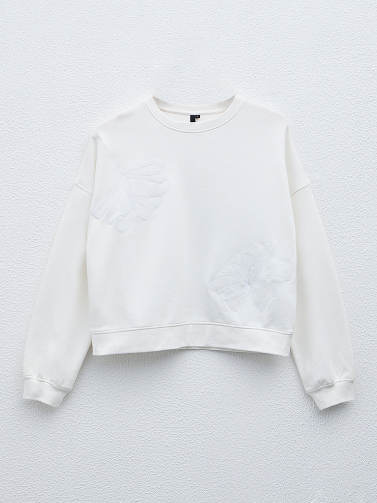 Buy LOV Off White Floral Detailed Cotton Blend Sweatshirt from Westside