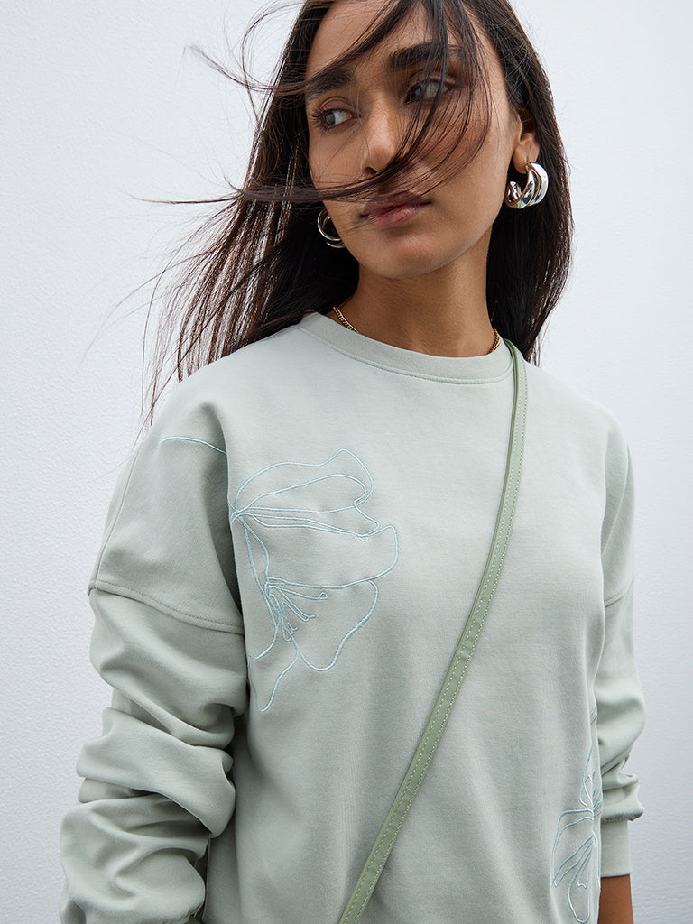 LOV Sage Floral Detailed Cotton Blend Sweatshirt