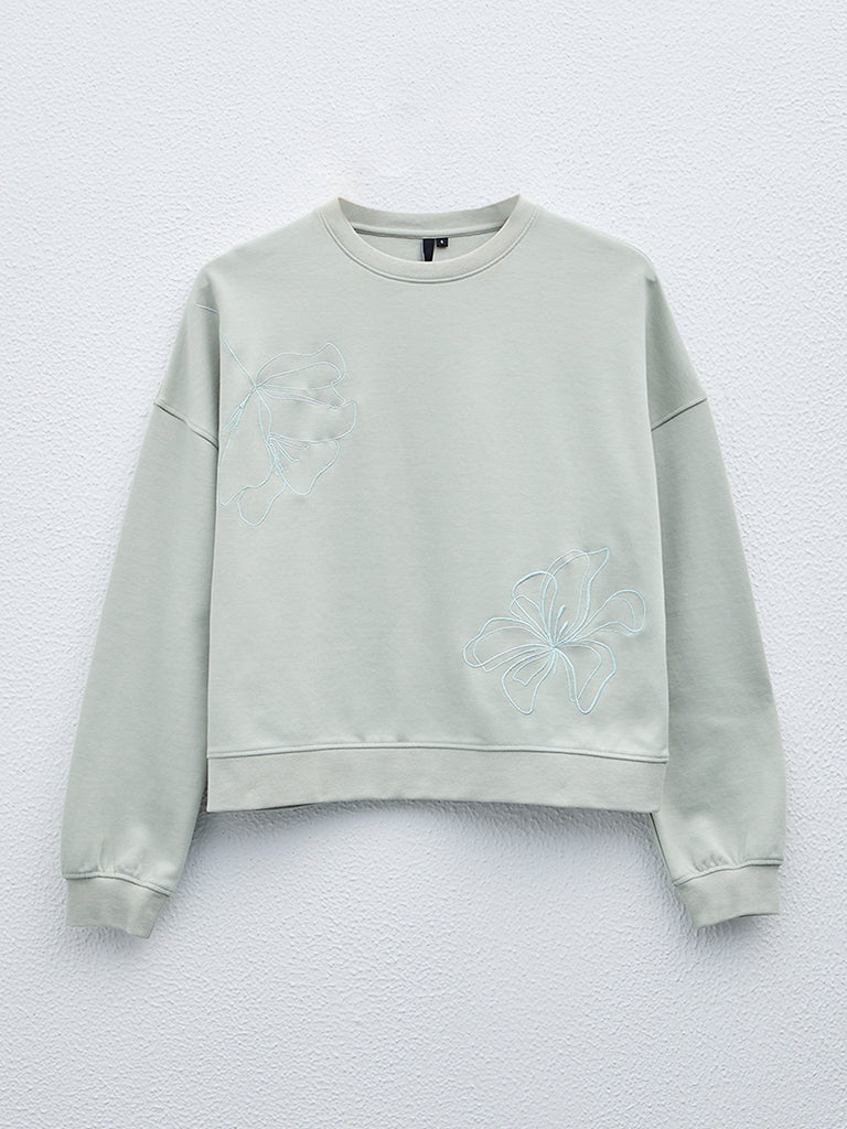 LOV Sage Floral Detailed Cotton Blend Sweatshirt