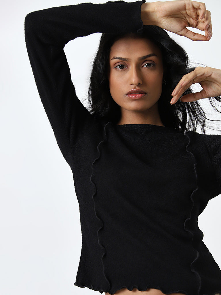 LOV Black Knit-Textured Top