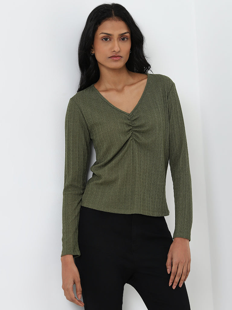 LOV Olive Ruched Knitted T-Shirt