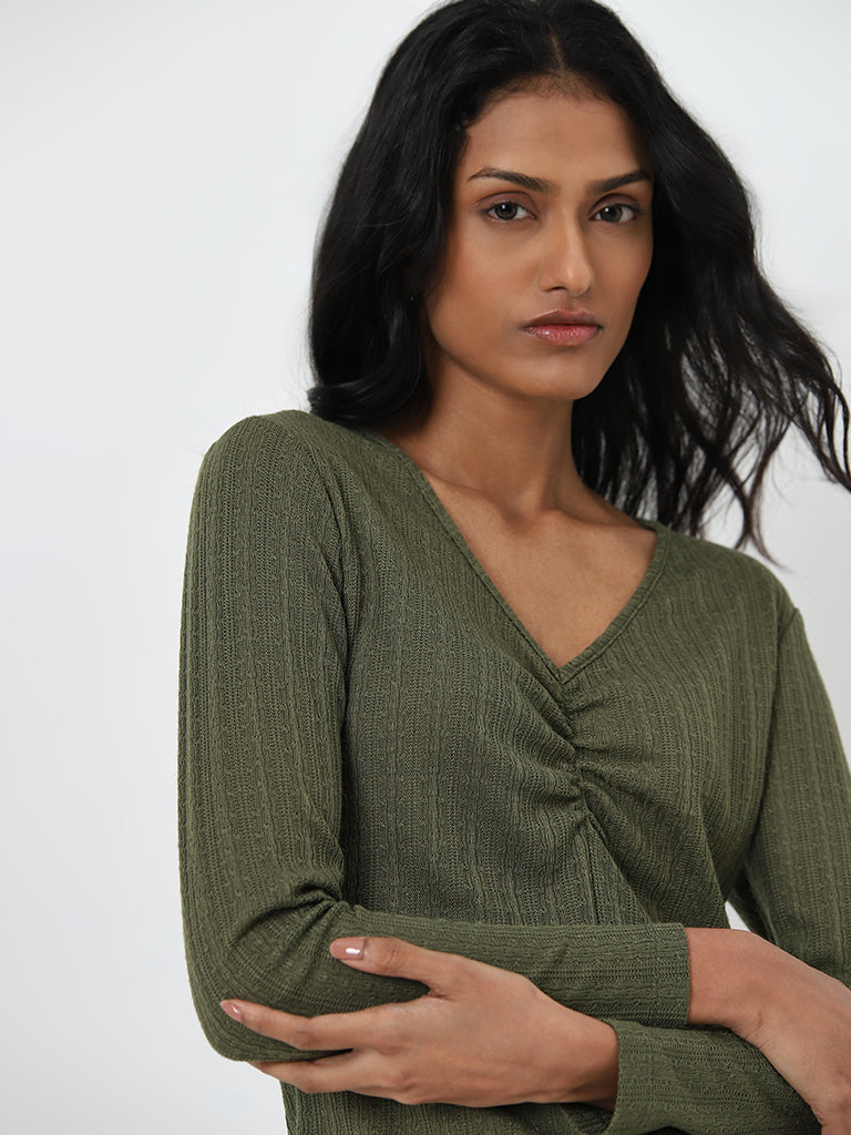 LOV Olive Ruched Knitted T-Shirt