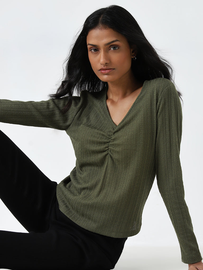 LOV Olive Ruched Knitted T-Shirt