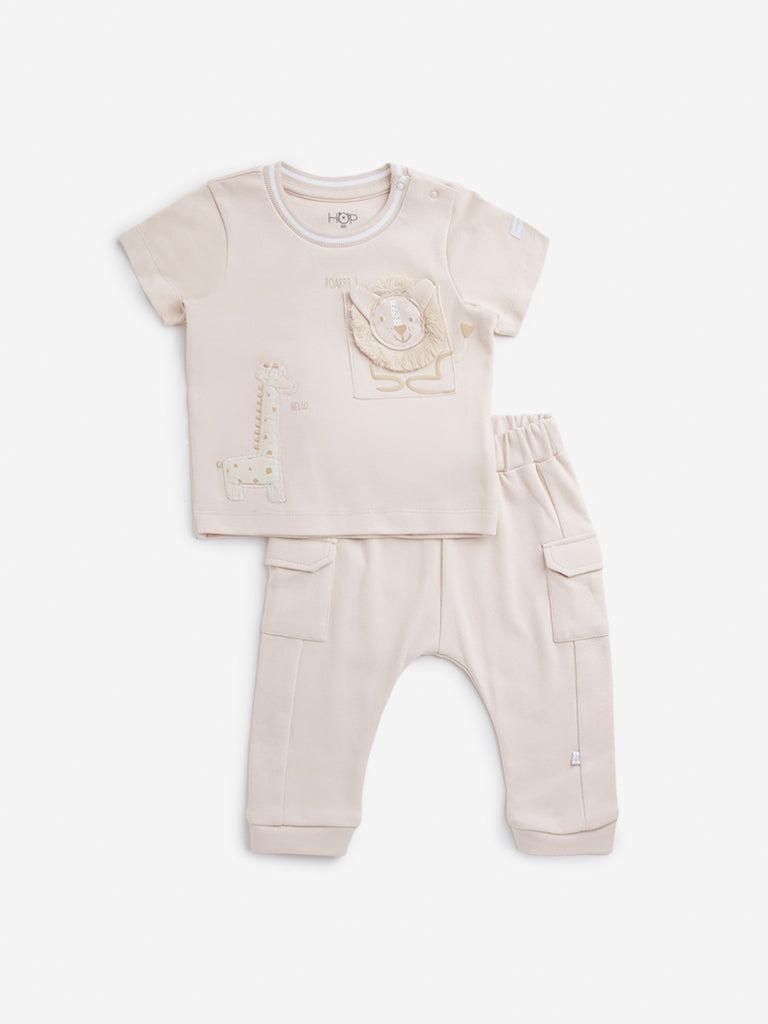 HOP Baby Peach Animal Design Cotton T-Shirt & Pants Set