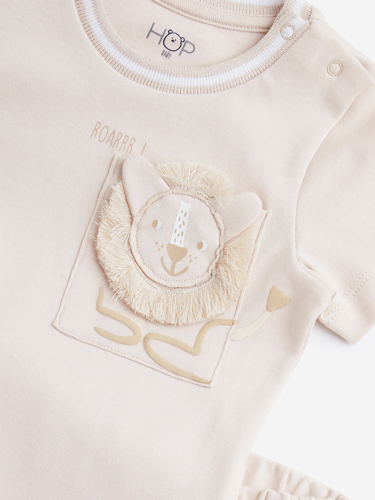 HOP Baby Peach Animal Design Cotton T-Shirt & Pants Set