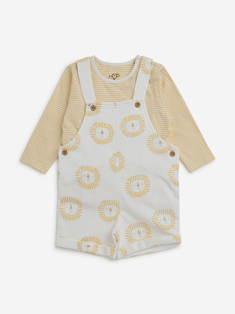 HOP Baby Mustard Animal Print Cotton Dungaree & T-Shirt Set