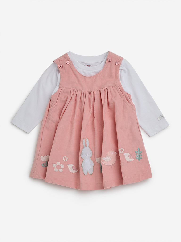 HOP Baby Dusty Pink Embroidery Cotton Pinafore & T-Shirt Set