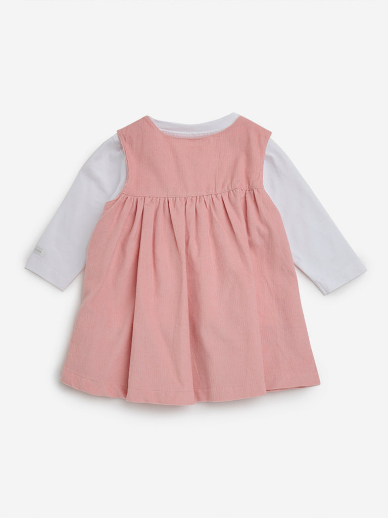 HOP Baby Dusty Pink Embroidery Cotton Pinafore & T-Shirt Set