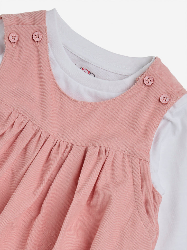 HOP Baby Dusty Pink Embroidery Cotton Pinafore & T-Shirt Set