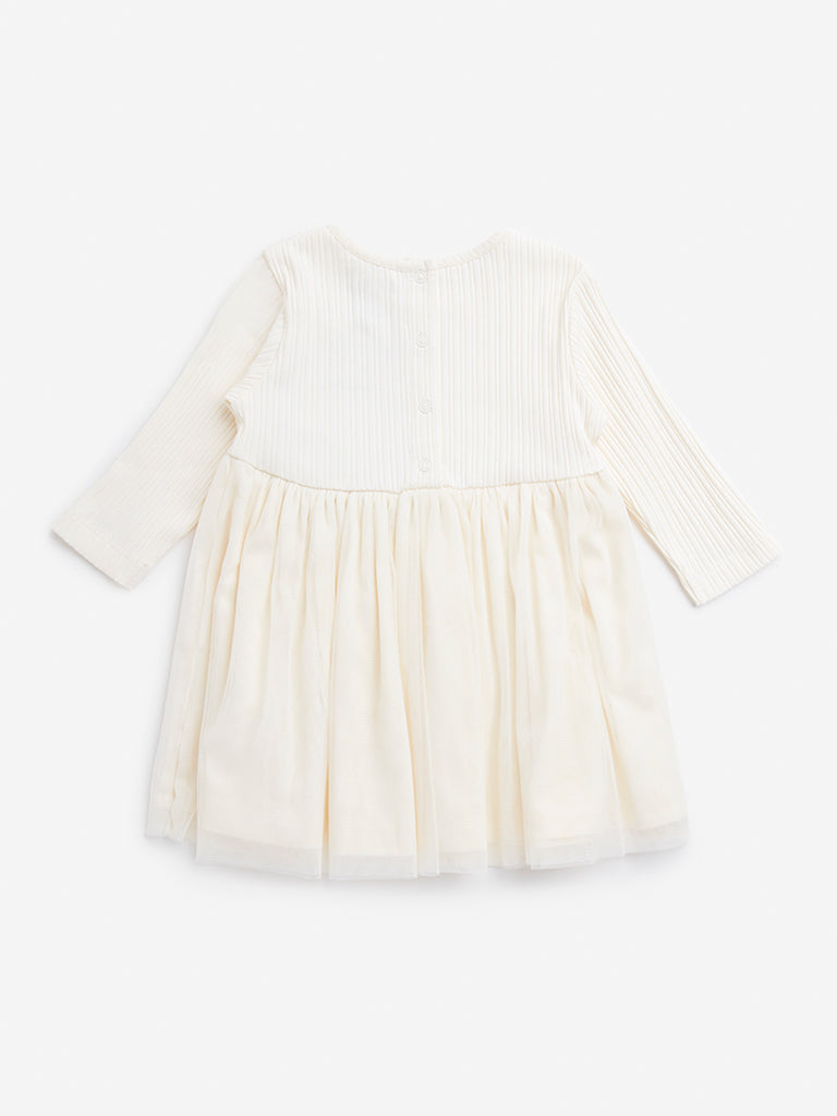 HOP Baby Off-White Floral Embroidered Cotton Blend Party Dress