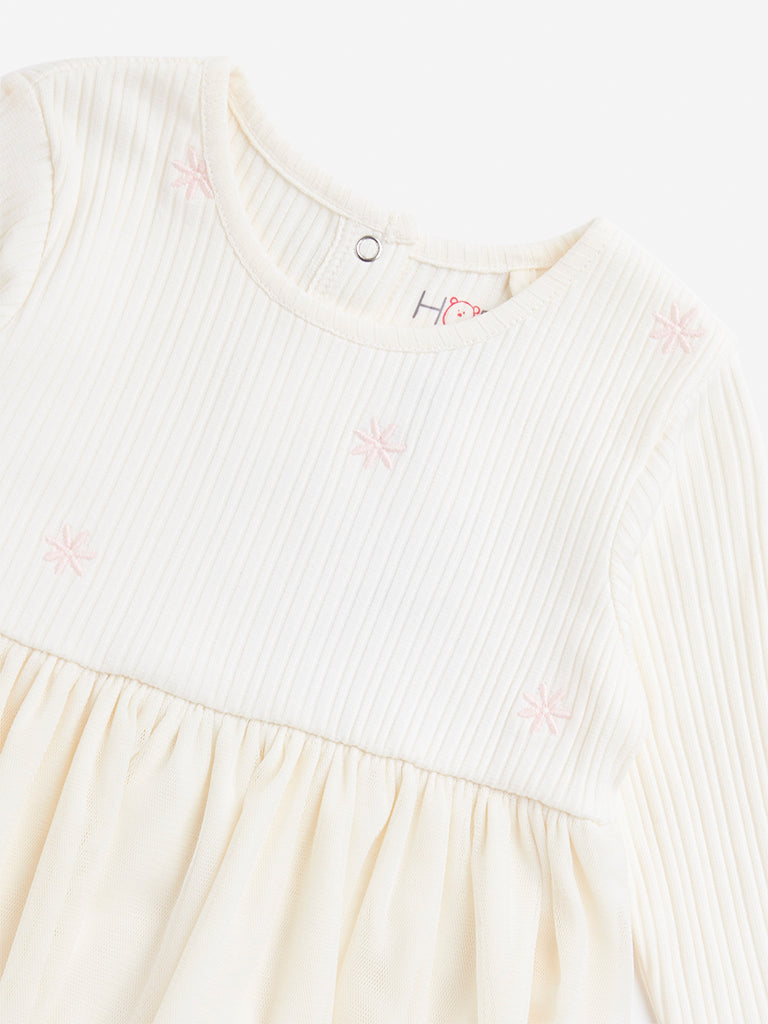 HOP Baby Off-White Floral Embroidered Cotton Blend Party Dress