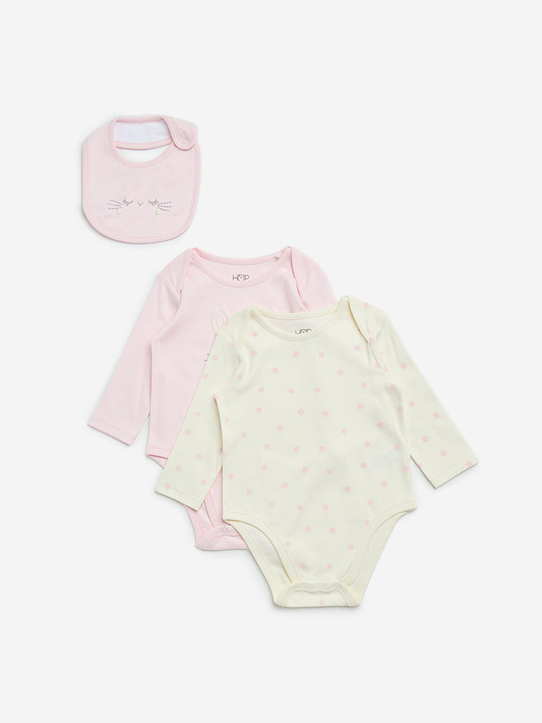 HOP Baby Pink Printed Cotton Rompers and Bib Set