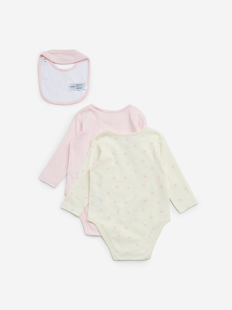 HOP Baby Pink Printed Cotton Rompers and Bib Set