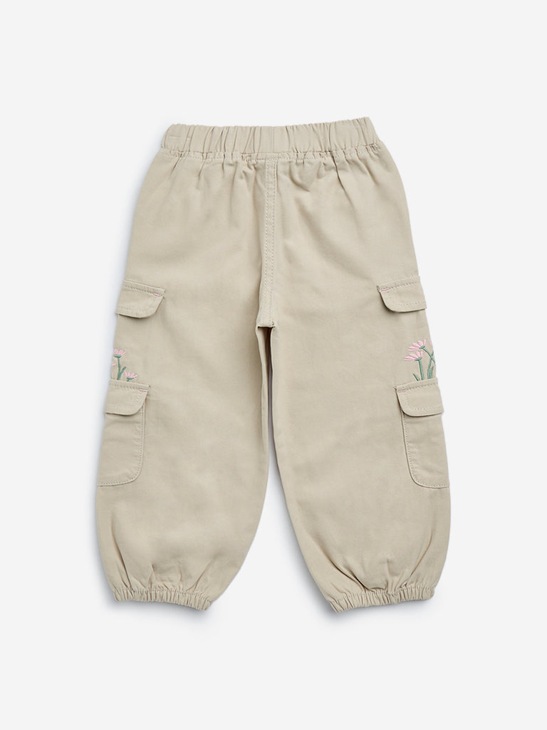 HOP Kids Beige Floral Embroidered High-Rise Cotton Trousers