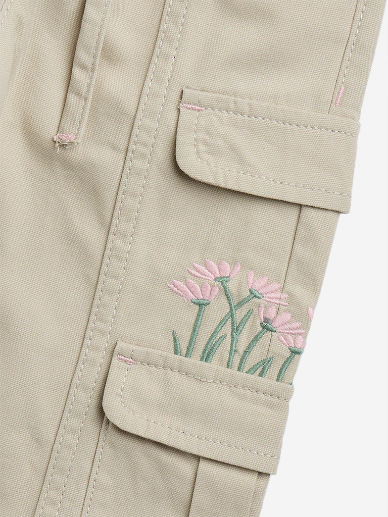 HOP Kids Beige Floral Embroidered High-Rise Cotton Trousers