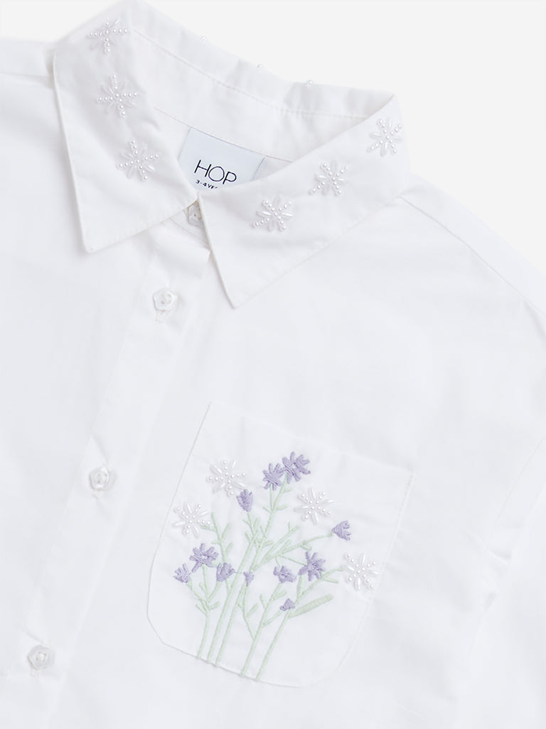 HOP Kids White Floral Embellished Cotton Shirt