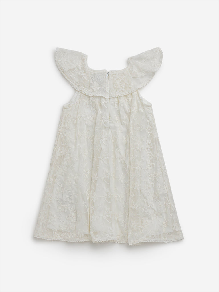 HOP Kids Off-White Floral Embroidered A-Line Dress