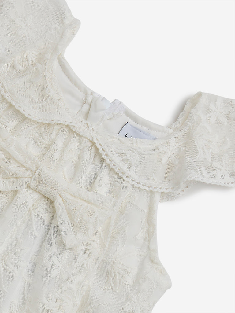 HOP Kids Off-White Floral Embroidered A-Line Dress