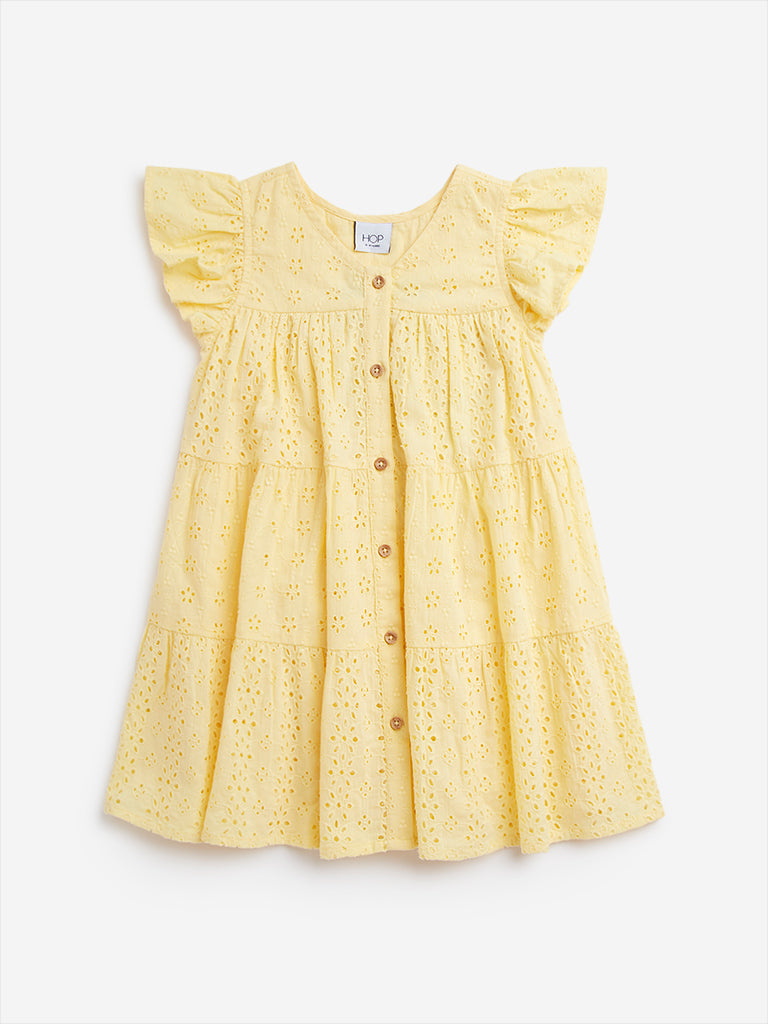 HOP Kids Yellow Schiffli Design Tiered Cotton Dress