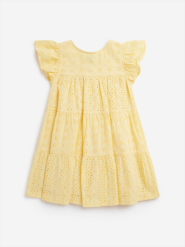 HOP Kids Yellow Schiffli Design Tiered Cotton Dress