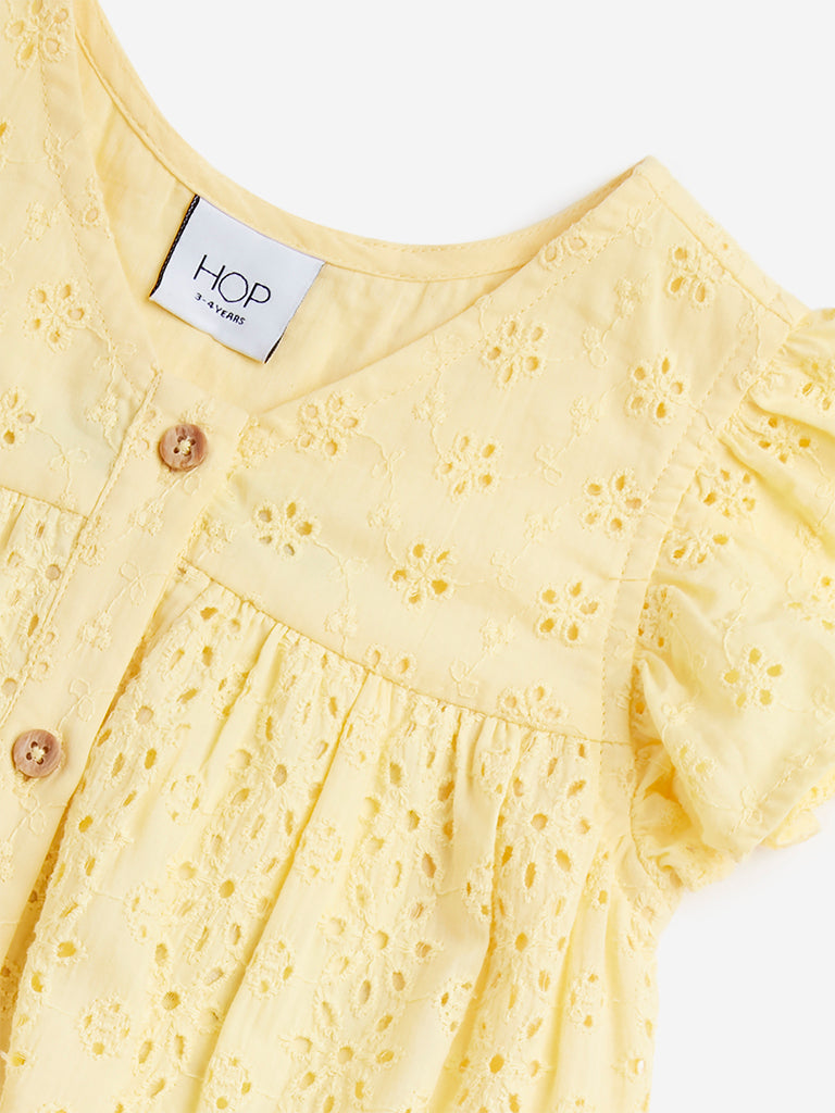 HOP Kids Yellow Schiffli Design Tiered Cotton Dress