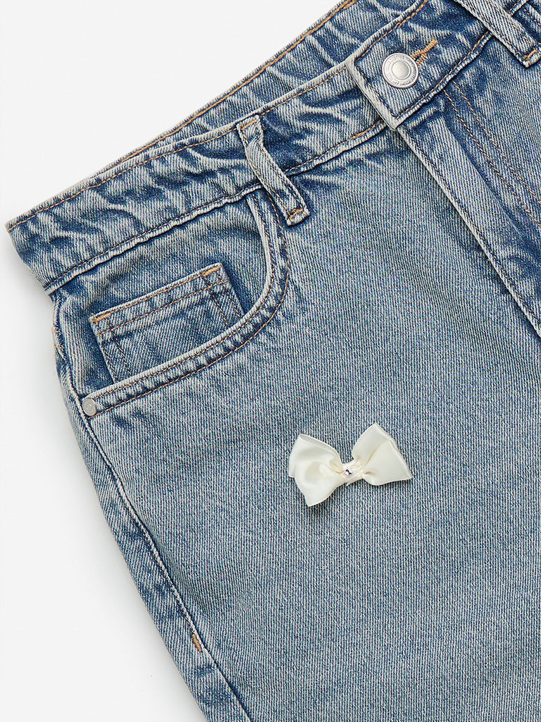 Y&F Kids Blue Bow-Adorned Wide - Leg Fit High - Rise Jeans