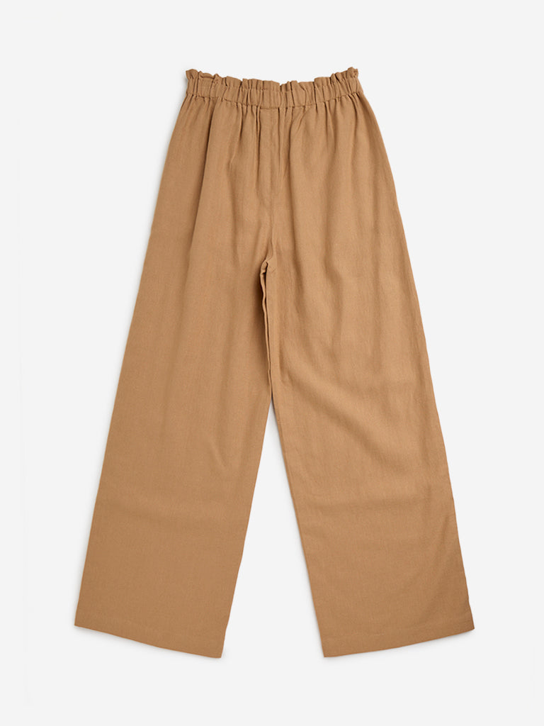 Y&F Kids Brown Paperbag Waist High-Rise Cotton Blend Pants