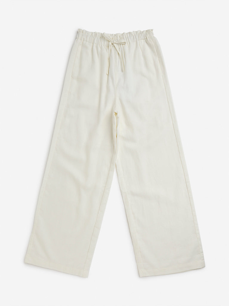 Y&F Kids Off-White High-Rise Cotton Blend Trousers