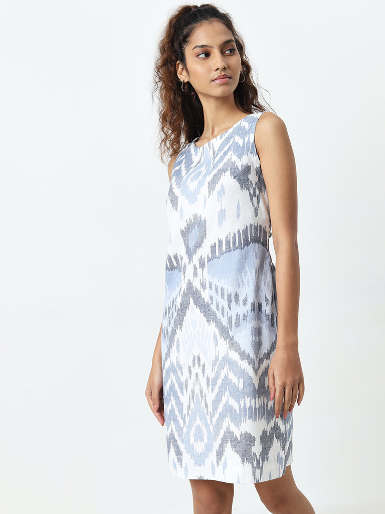 Bombay Paisley Off-White Ikat Design Straight Cotton Dress