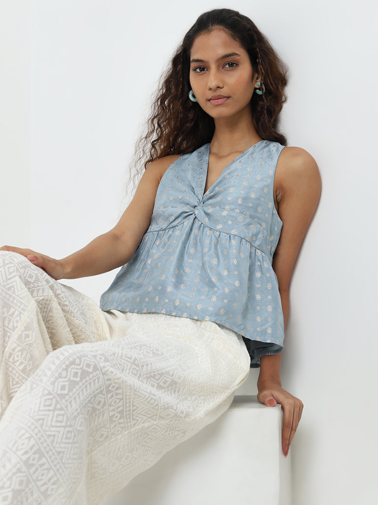 Bombay Paisley Light Blue Embellished Knot-Detailed Top