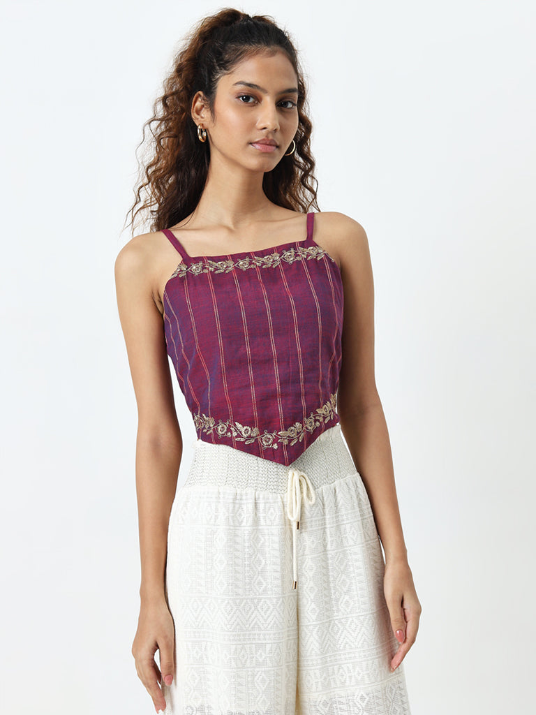 Bombay Paisley Purple Floral Knot-Detailed Cotton Blend Top